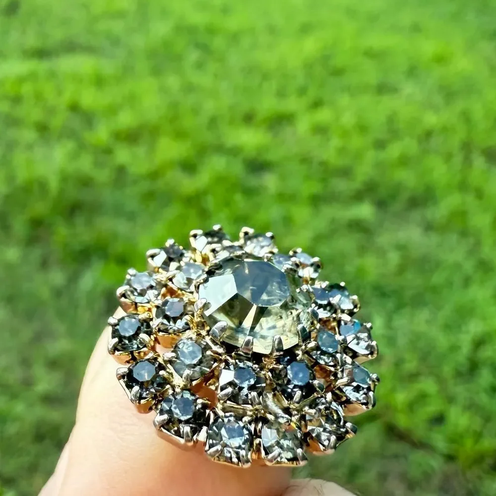 VINTAGE ADJUSTABLE SILVER RING WITH LARGE ROUND CRYSTAL CLUSTER – STATEMENT JEW